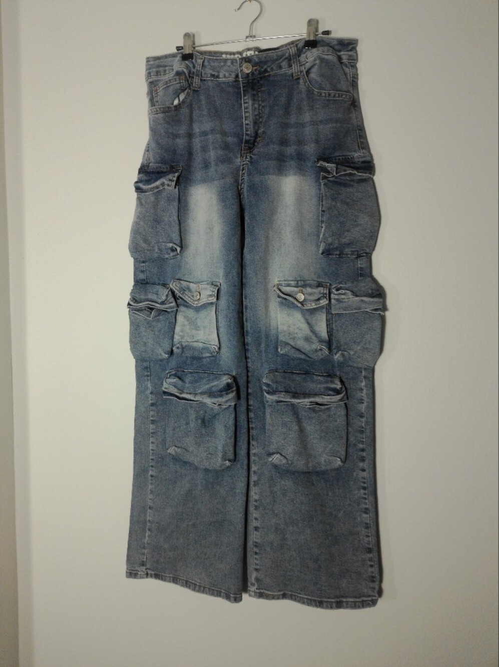 VIP Women's Wide Leg Cargo Denim Pants in Light Blue